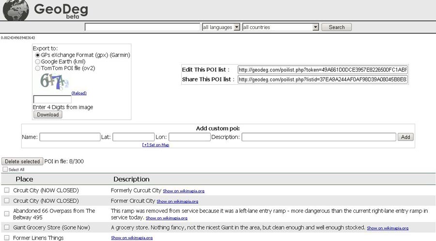 geodeg.com poilist manager screenshot